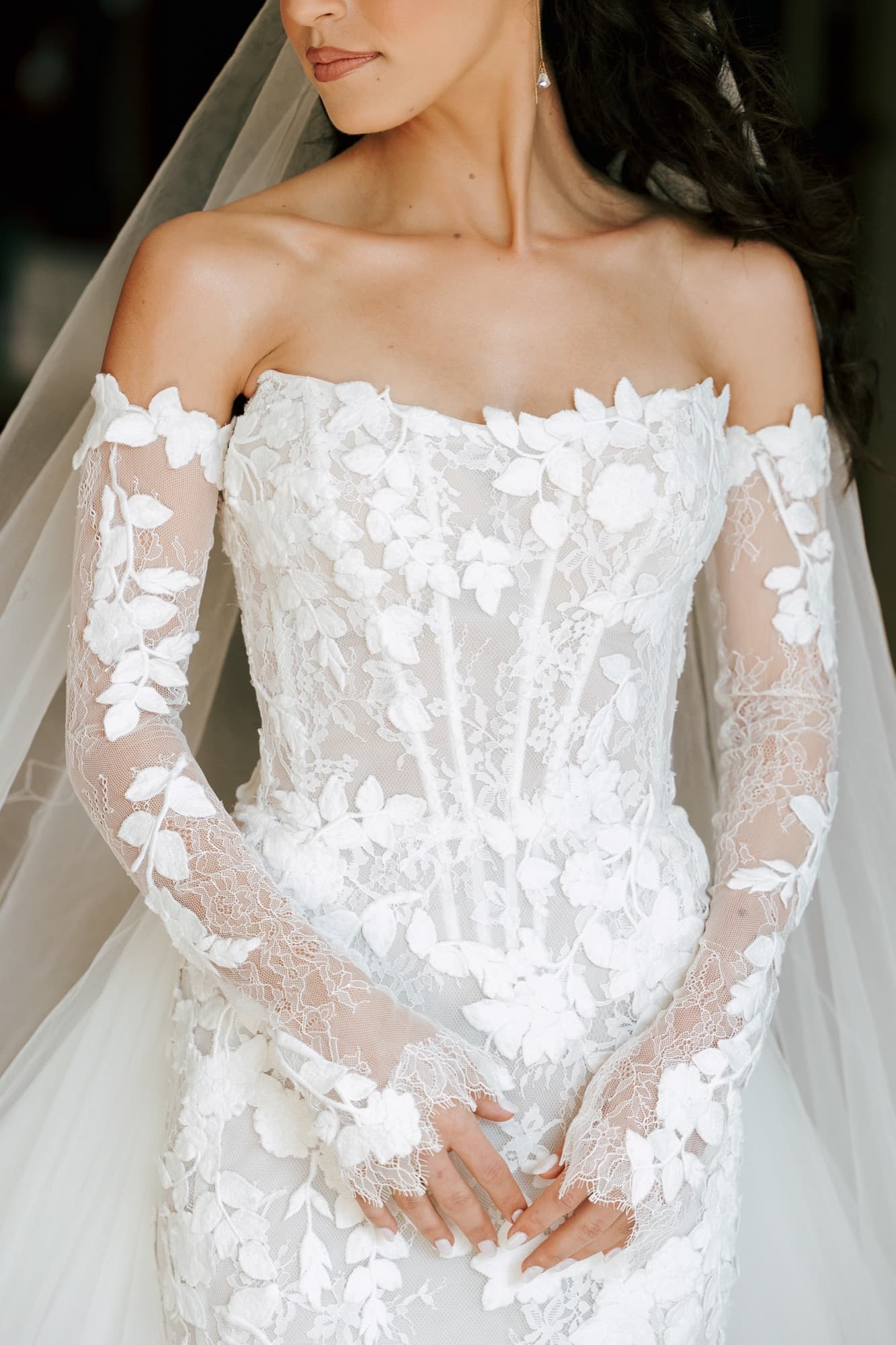 Bride in lace off-shoulder gown with cathedral veil, editorial wedding photography South Africa
